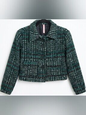 Green & Black Cropped Plaid Pattern Jacket Fold Over Collar M